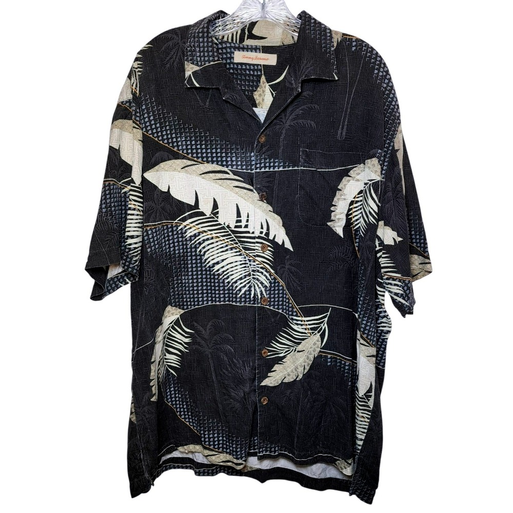Tommy Bahama 100% Silk Aloha Shirt XL Black Beige Palm‎ Print Camp Button